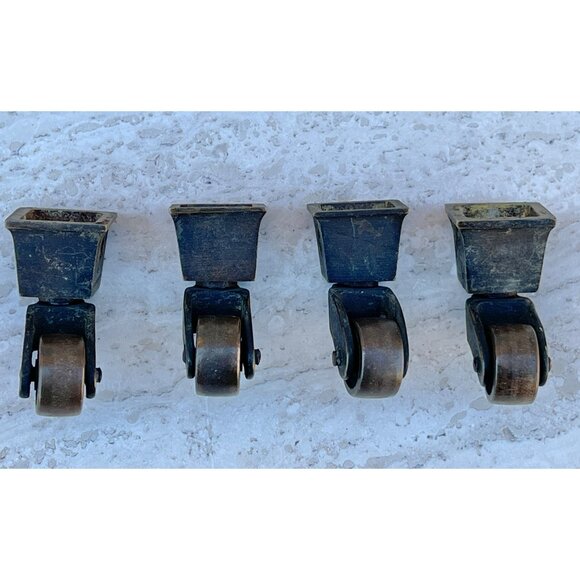 Set Of 4 Vintage Brass Furniture Caster Wheels Tapered Square Socket Mount - Picture 5 of 10
